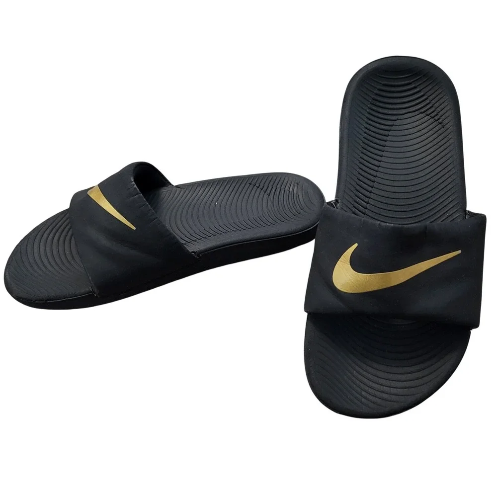 Nike Kawa Kids Slides Black Metallic Gold Athletic Sandals Size 2 Youth 2Y Pool